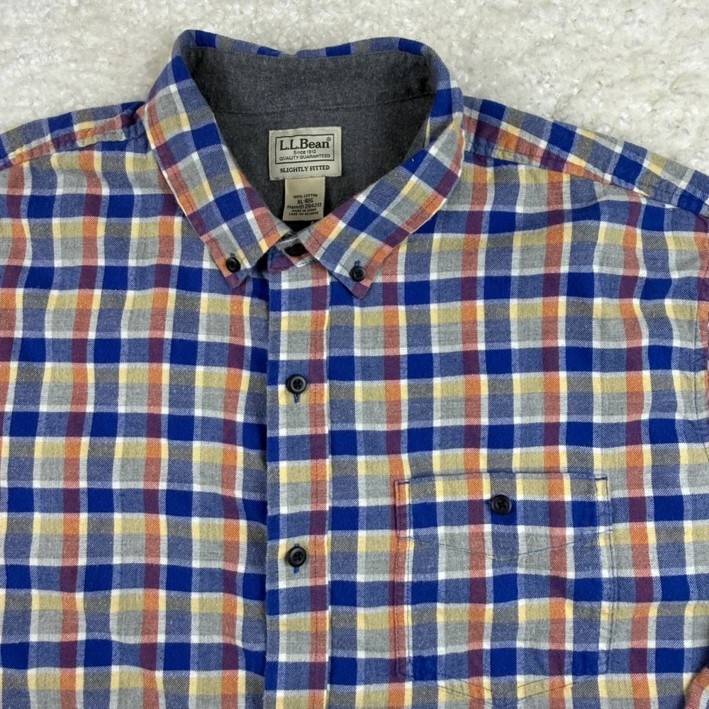 L.L. Bean Button Down Shirt Mens XL Blue Orange Plaid Flannel Collar 294213